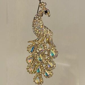 Peacock Crystal Rhinestone Gold Tone Brooch
